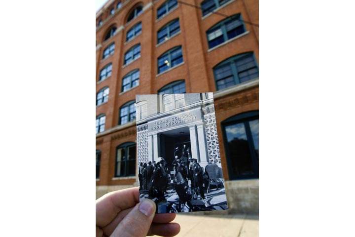 This Sept. 10, 2013 photo shows an image taken by Dallas Times Herald photographer William Allen on Nov. 22, 1963, of police and detectives guarding the front entrance to the Texas School Book Depository building less than an hour after the assassination of President John F. Kennedy, juxtaposed against the current scene in Dallas. Dallas Police Officer M.N. McDonald, right, went to Oak Cliff to investigate after hearing on the police radio that an officer had been shot there. (AP Photo/Houston Chronicle, Cody Duty)