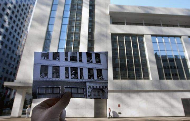 This Oct. 23, 2013 photo shows an image taken Nov. 21, 1963, of Houston Chronicle employees leaning out the window waiting on President John. F. Kennedy’s motorcade, juxtaposed against the current scene in Houston. (AP Photo/Houston Chronicle, Cody Duty)
