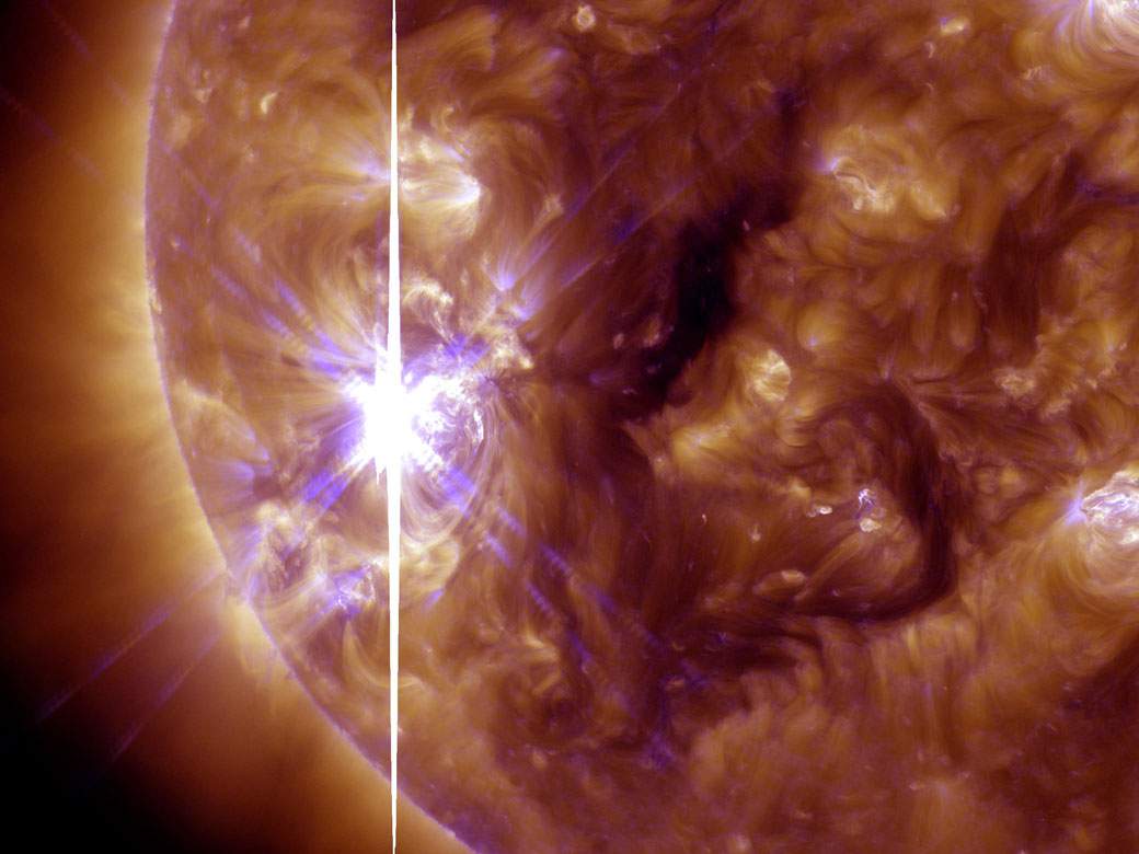 NASA’s Solar Dynamics Observer captured this image of an X3.3-class solar flare that peaked at 5:12 p.m. EST on Nov. 5, 2013