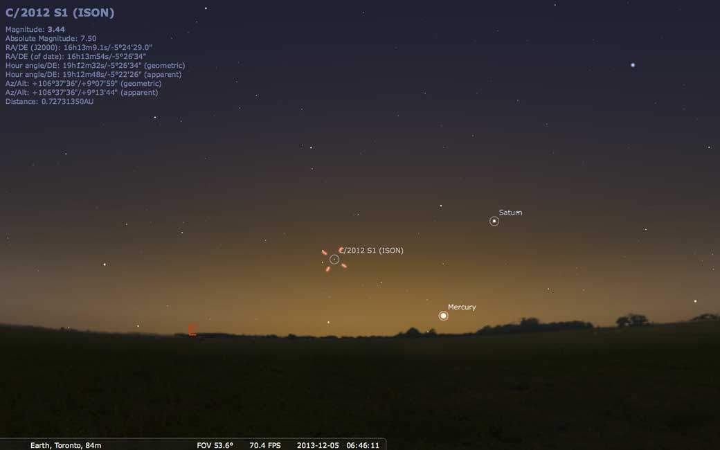 The location of Comet ISON on the morning of Dec. 5 from 43 degrees latitude. (Stellarium)