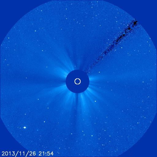 Comet ISON as it heads toward the sun and then after as part of it re-emerges. (NASA/SOHO)