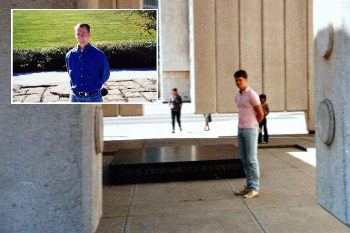 John R. Kennedy at the John F. Kennedy memorial in Dallas in the ’80s and (inset) at JFK’s resting place at Arlington National Cemetery in Virginia.