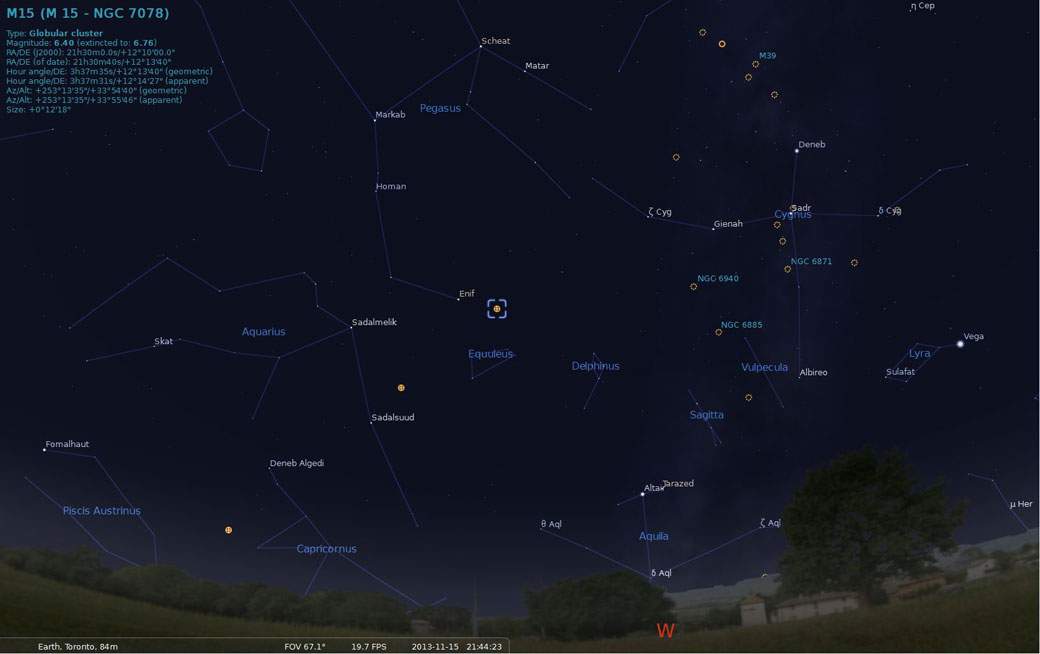 Location of Messier 15 in the night sky. The only way to see it is through a high-powered telescope. (Stellarium)