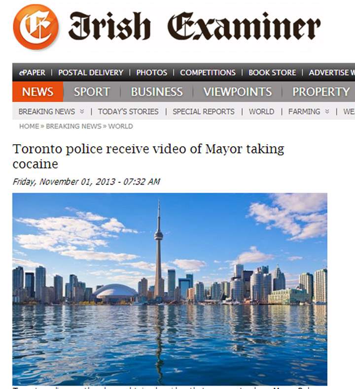 The Irish Examiner is seen covering the Rob Ford story on Friday November 1, 2013. (Screengrab)