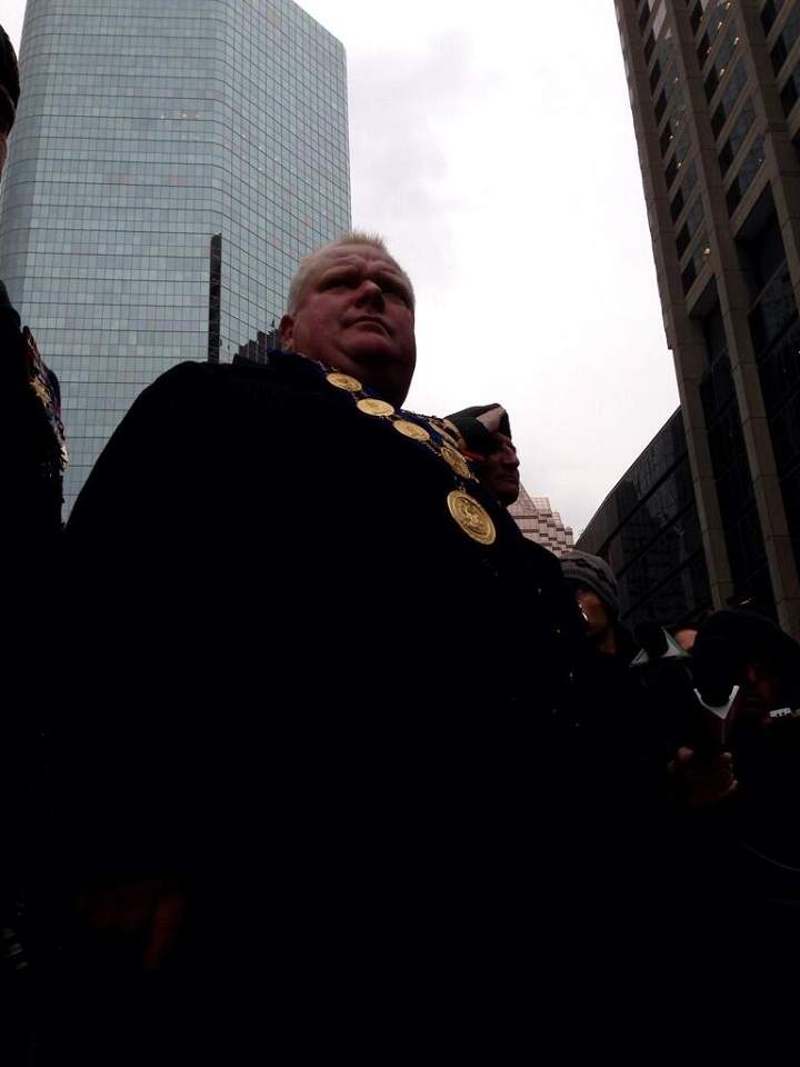 Toronto Mayor Rob Ford stands on the viewing platform during the Remembrance Day ceremony at City Hall. (Jackson Proskow/Global News)