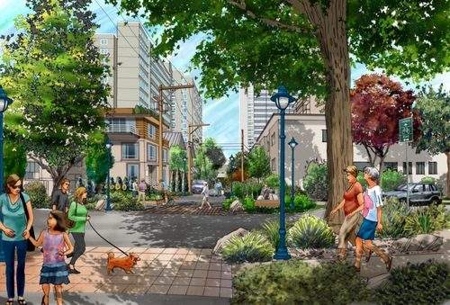 Infill housing could be added behind existing buildings and in alleys.