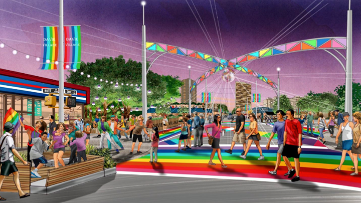 The existing crosswalk at Davie and Bute Street could be enhanced with an overhead installation.