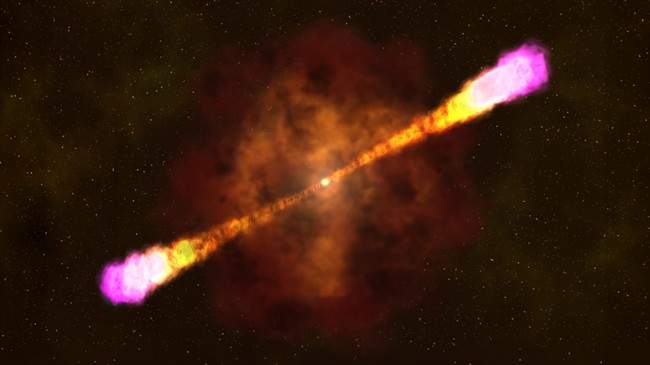 This image provided by NASA's Goddard Space Flight Center shows an artist's rendering of how a gamma ray burst occurs with a massive star collapsing and creating a black hole and beaming out focused and deadly light and radiation bursts.