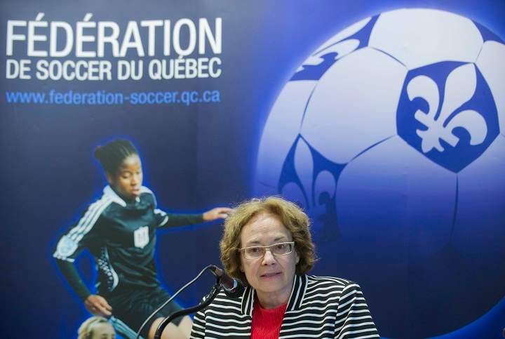 Quebec Soccer Federation (QSF) Executive Director Brigitte Frot speaks to reporters at a news conference in Laval, Que., Saturday, June 15, 2013.