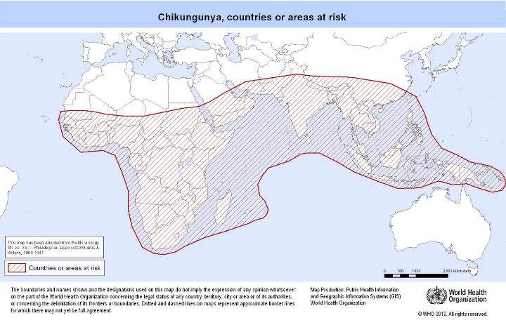 A map of areas where chikungunya is known to exist.