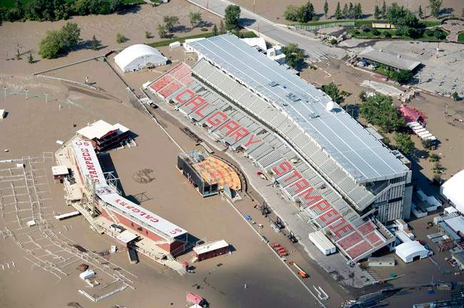 A flooded Calgary Stampede stadium is seen from a aerial view in Calgary Saturday, June 22, 2013. (THE CANADIAN PRESS/Jonathan Hayward)