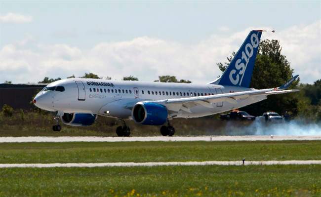 A plane touches down in Mirabel.