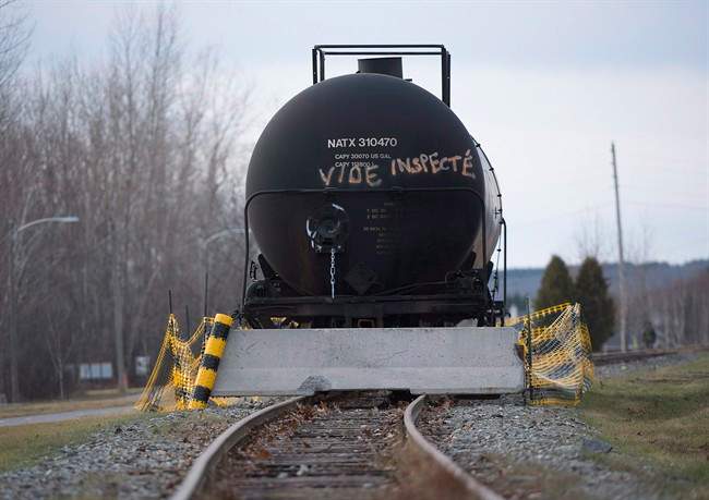 A railcar rests on a track in the town of Lac Megantic, Que.