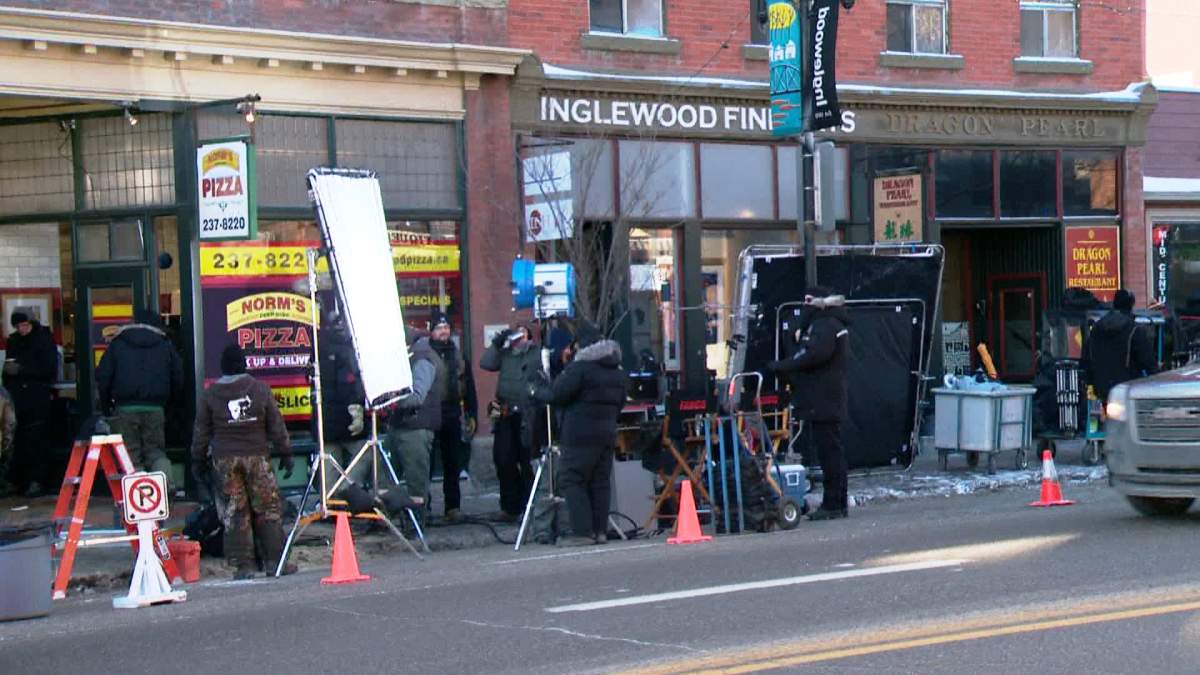Actors film a scene for the TV series Fargo in Calgary on November 20, 2013. 