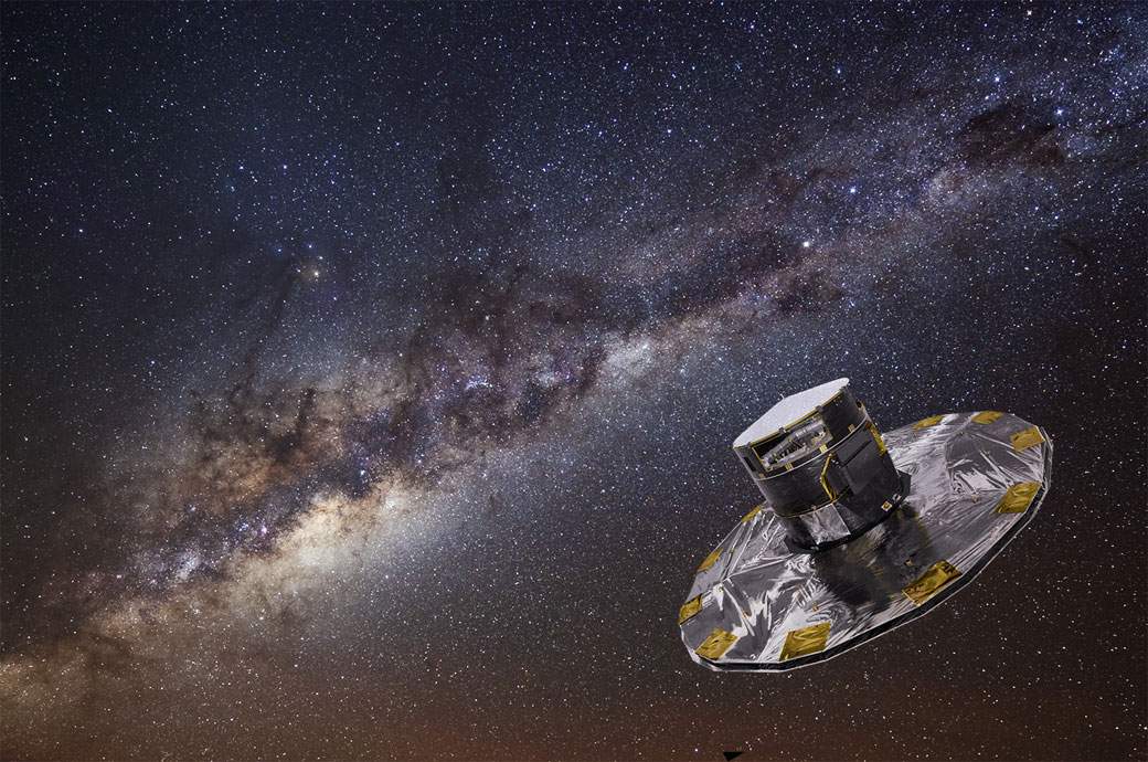 An artist’s concept of Gaia mapping the stars of the Milky Way.