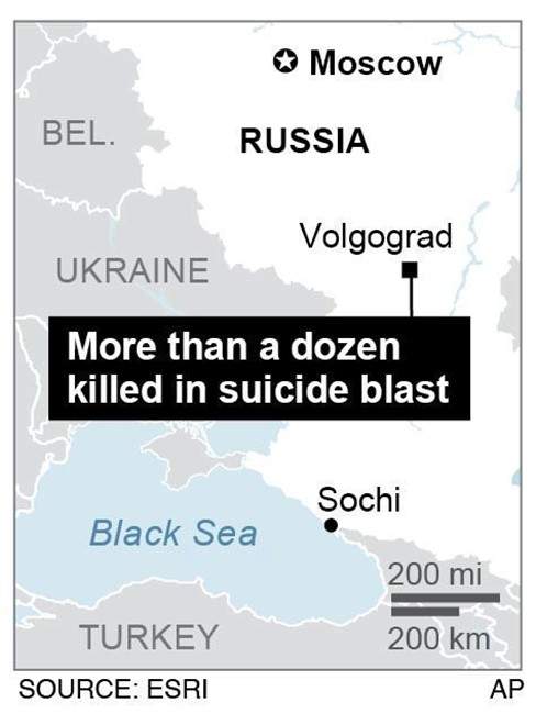 Map of Volgograd, Russia, where a suicide bomber attacked a railway station on Sunday