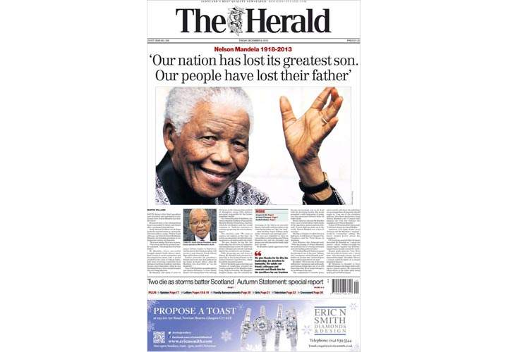 Mourning the death of Nelson Mandela: Newspaper, magazine front pages from around the world - image