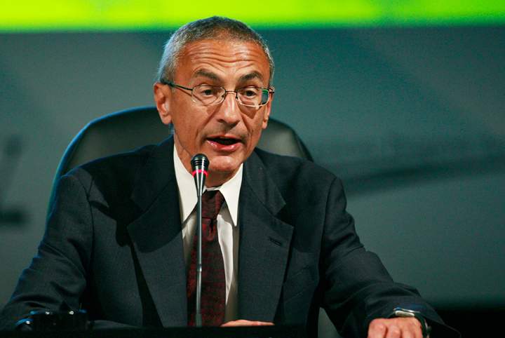 FILE - In this Monday, Aug. 10, 2009, file photo, Center for American Progress Action Fund President & CEO John Podesta speaks at the National Clean Energy Summit 2.0, at The Cox Pavillion in Las Vegas. Podesta, a former chief of staff to President Bill Clinton and a trusted Democratic operative, will join the White House staff as a senior counselor to President Barack Obama, two persons familiar with the move said late Monday, Dec. 9, 2013.