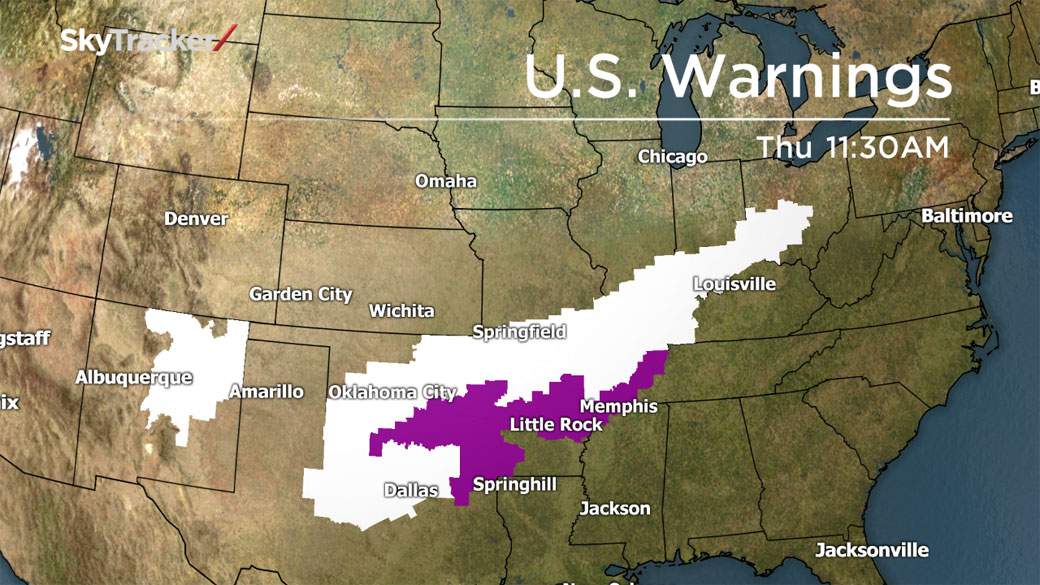 Snowfall warnings, in white, and freezing rain warnings, in purple, have been issued across several states in the U.S.