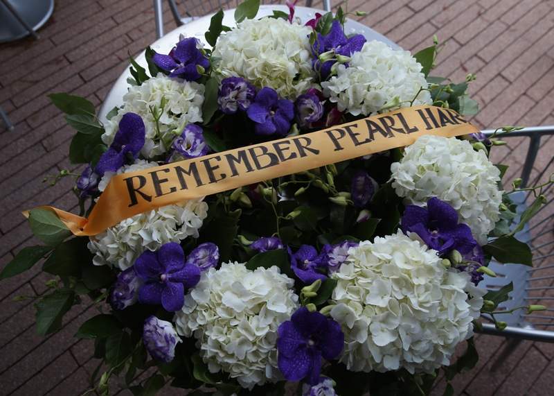 A wreath lies at a ceremony marking the 72nd anniversary of the attack on Pearl Harbor, Hawaii on December 7, 2013 in New York City.