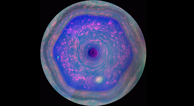 The mysterious hexagon churns around Saturn’s north pole.
