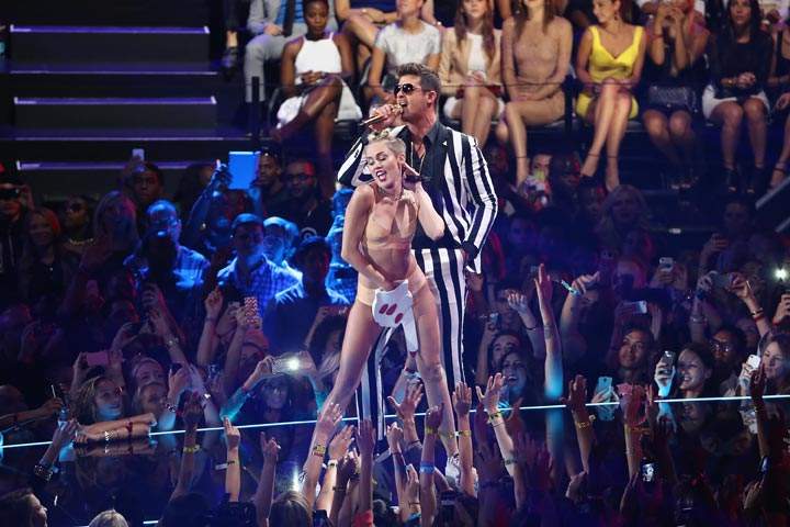 Miley Cyrus and Robin Thicke perform onstage during the 2013 MTV Video Music Awards at the Barclays Center in Brooklyn. (Neilson Barnard/Getty Images for MTV)