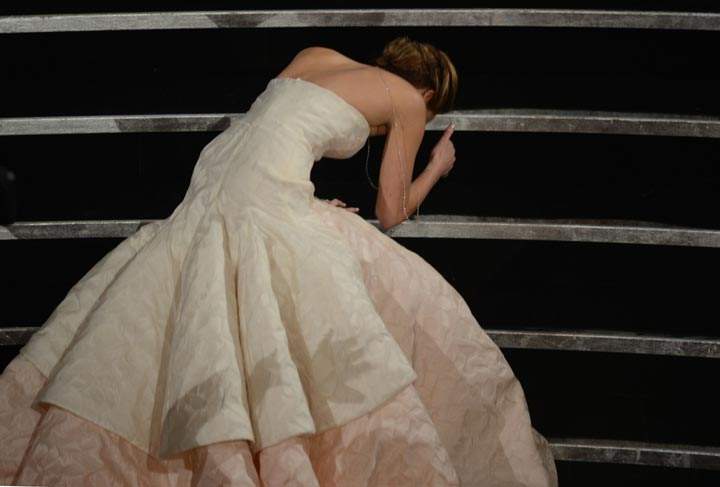 Jennifer Lawrence falls onstage at the 85th Annual Academy Awards in Hollywood. (Robyn Beck/AFP/Getty Images)