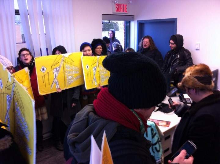On International Human Rights Day, protesters fighting for the rights of children have taken over the offices of Quebec's Education Minister, Marie Malavoy.