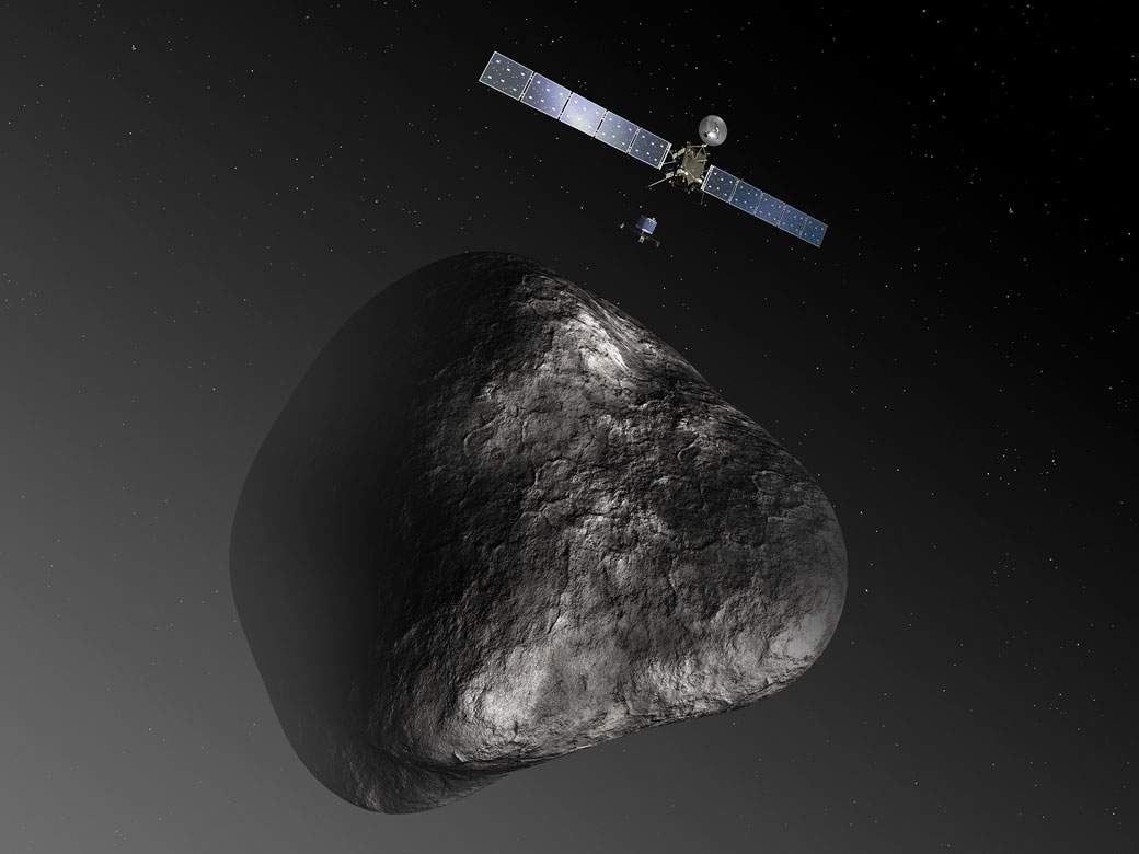 Artist’s impression of the Rosetta orbiter deploying the Philae lander to comet 67P/Churyumov–Gerasimenko.