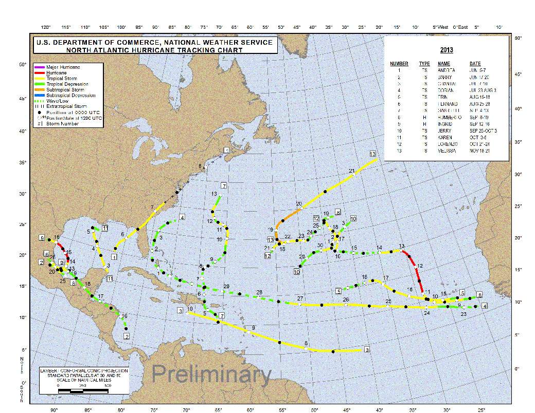 Map of the Atlantic tropical storms of 2013. (NOAA)