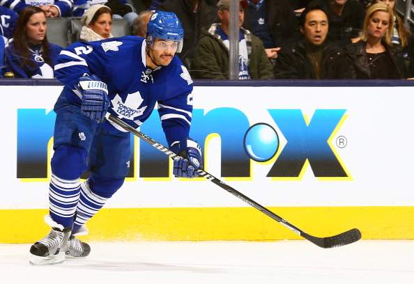 Mark Fraser #2 of the Toronto Maple Leafs skates up the ice against the Washington Capitals during NHL action at the Air Canada Centre November 23, 2013 in Toronto, Ontario, Canada.