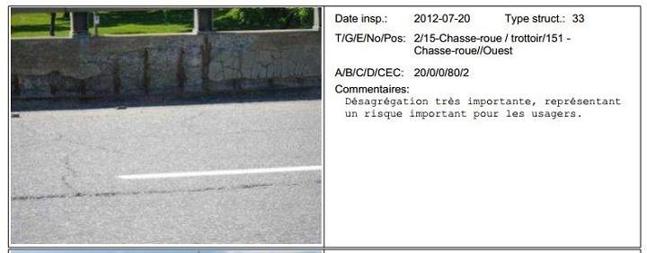 A Transports Quebec inspection report from July 2012 for the Hymus/Henri-Bourassa eastbound overpass along the Trans-Canada Highway 40 has flagged many causes for concern.