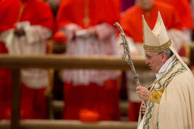 Pope Francis arrives to preside over a Vespers ceremony at Rome's St. Paul Basilica, at the Vatican, Saturday, Jan. 25, 2014. (AP Photo/Andrew Medichini).
