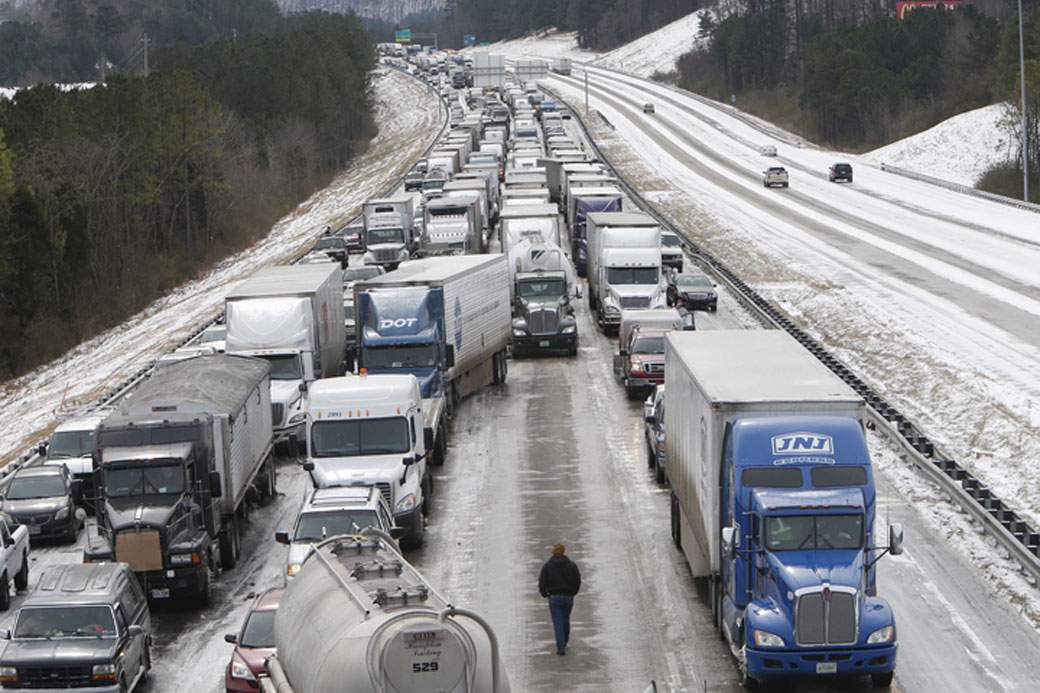 Traffic is at a standstill on Interstate 65 northbound as officials work to clear abandoned vehicles Wednesday, Jan. 29, 2014 in Hoover, Ala. 
