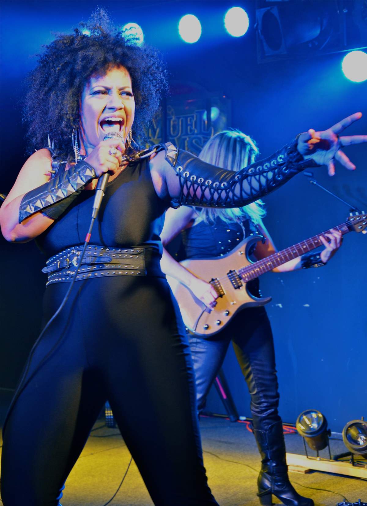 All-girl Judas Priest tribute band Judas Priestess. Frontwoman Militia Vox with guitarist Rena Petrucci.