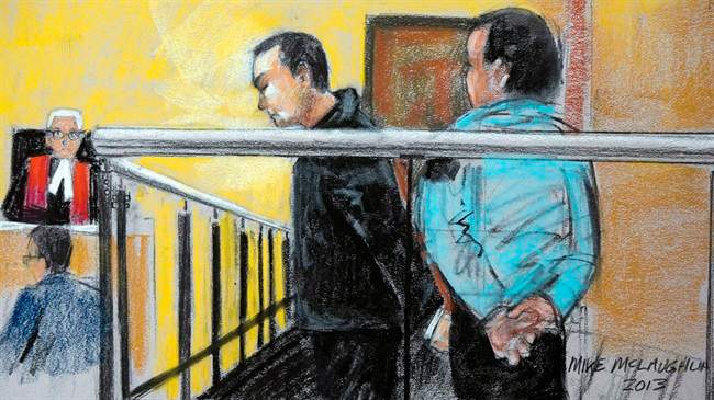 A court artist sketch shows Guy Turcotte during his appearance at the courthouse, November 14, 2013 in St. Jerome, Que. 