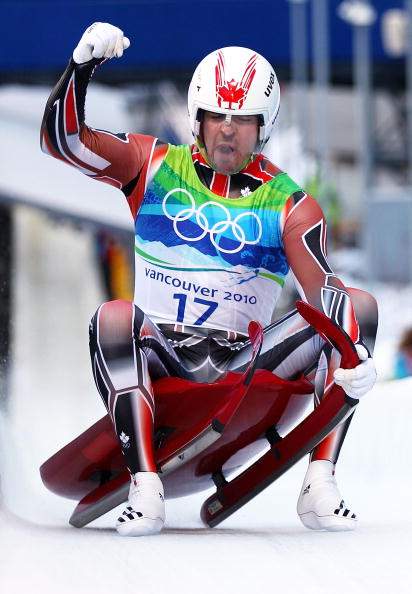 Samuel Edney of Canada after finishing the final run of the men's luge singles final on day 3 of the 2010 Winter Olympics at Whistler Sliding Centre on February 14, 2010 in Whistler.