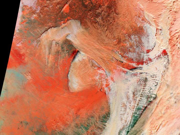 False-colour image from January 6, 2014, over the Great Lakes. (NASA)