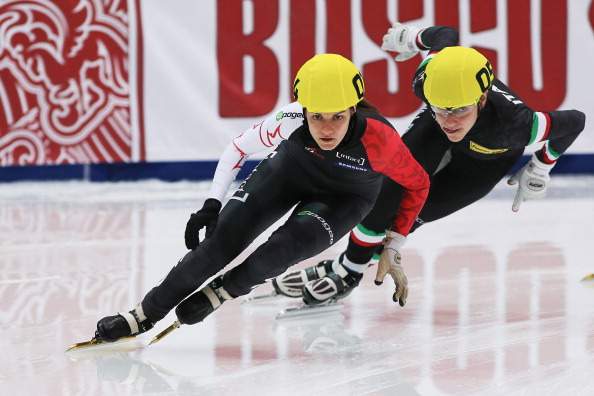 Jessica Hewitt of Canada leads the group during the Women's 1500m preliminaries during day one of the Samsung ISU Short Track World Cup at the on November 14, 2013 in Kolomna, Russia.