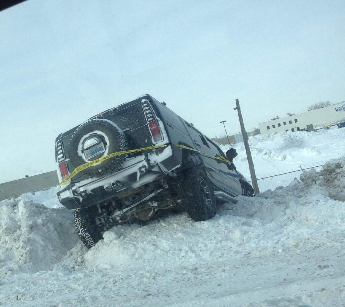 A Hummer SUV - one of the toughest vehicles on the road - came to grief on Lagimodiere Blvd. in Winnipeg on Monday, Jan. 6, 2014.
