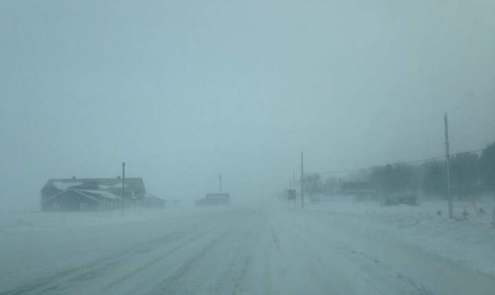 Weather conditions in L'Isle Verte, Que. along the highway into town on January 26, 2014.