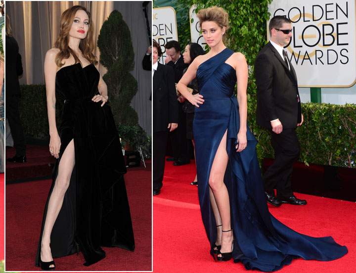 Angelina Jolie at the Oscars in 2012 (left) and Amber Heard at the Golden Globes in 2014.