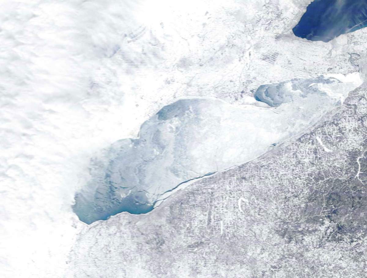 Satellite imagery shows the concentration of ice on Lake Erie.