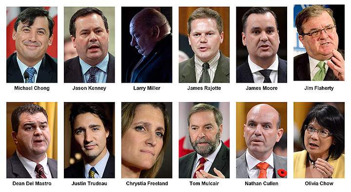 From top left, Michael Chong, Jason Kenney, Larry Miller, James Rajotte, James Moore, Jim Flaherty, Dean Del Masto, Justin Trudeau, Chrystia Freeland, Tom Mulcair, Nathan Cullen, Olivia Chow.