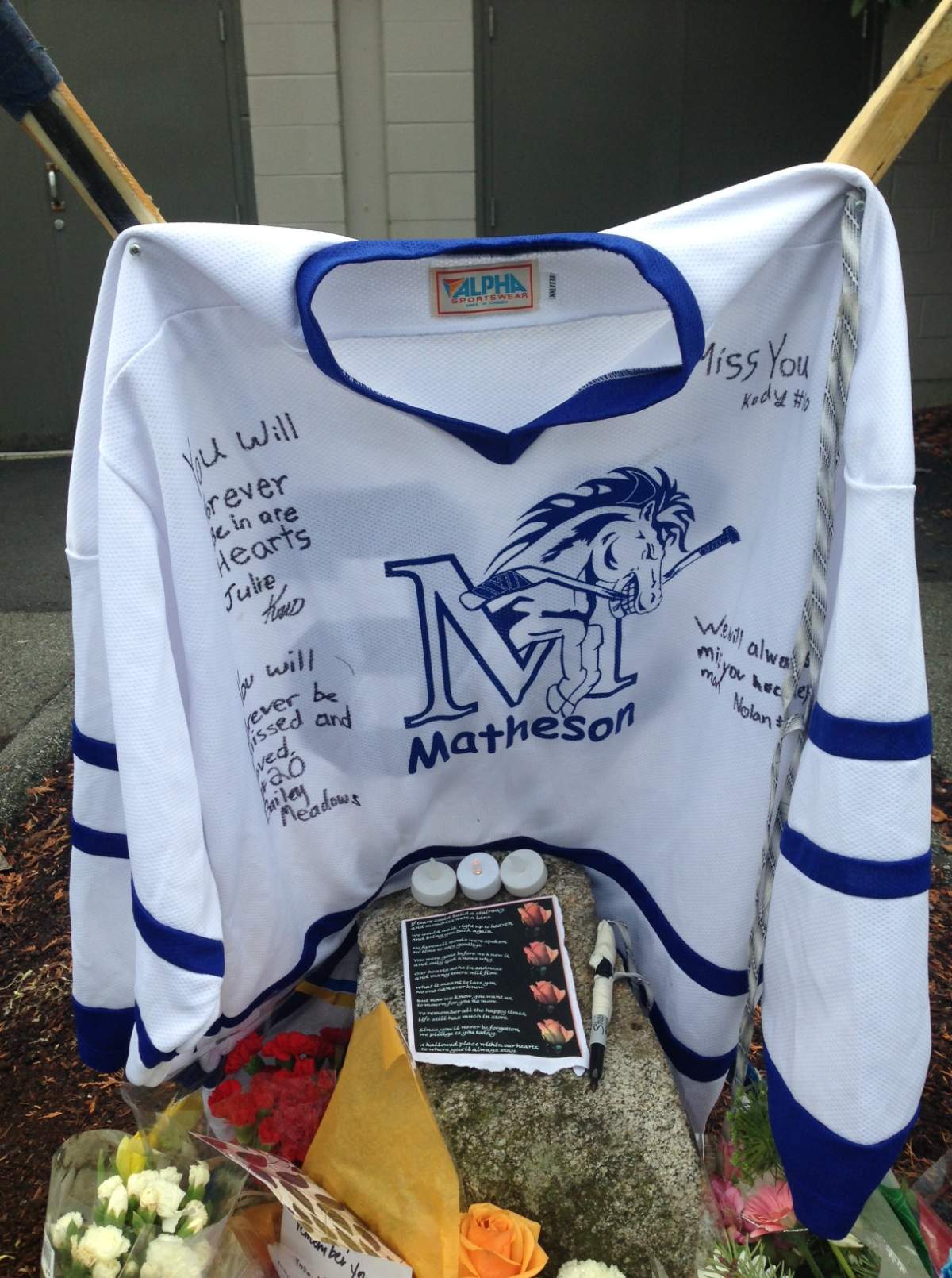 A memorial to Julie Paskall outside the Newton Rec Centre.