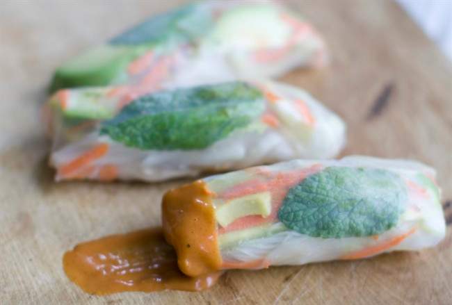 A fowl take on fresh spring rolls and peanut sauce