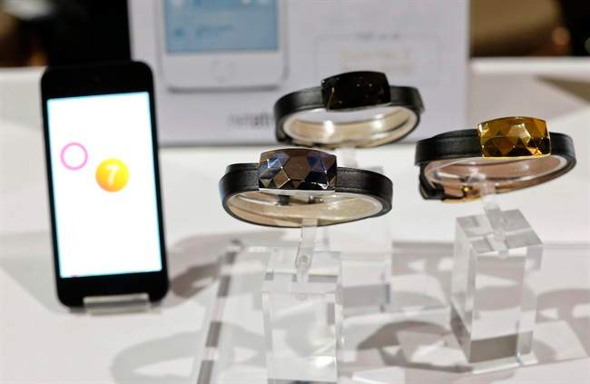 The June bracelet by Netatmo sits on display at the International Consumer Electronics Show, Sunday, Jan. 5, 2014, in Las Vegas. The jewel on the band connects with an iOS device and alerts the user when the skin has received too much sun exposure.