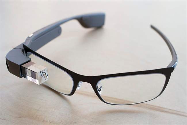 The new Google Glass "Bold" prescription frames in "shale" color rests on a table at the Google Glass Basecamp space at Chelsea Market.