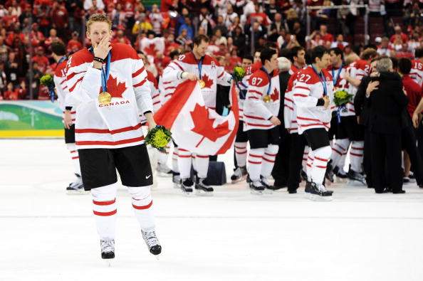 Corey Perry #24 of Canada celebrates after receiving the gold medal won during the ice hockey men's gold medal game between USA and Canada on day 17 of the Vancouver 2010 Winter Olympics at Canada Hockey Place on February 28, 2010 in Vancouver.