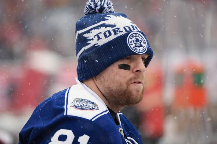 Phil Kessel #81 of the Toronto Maple Leafs takes the ice for pre game warmups before playing the Detroit Red Wings in the 2014 Bridgestone NHL Winter Classic on January 1, 2014